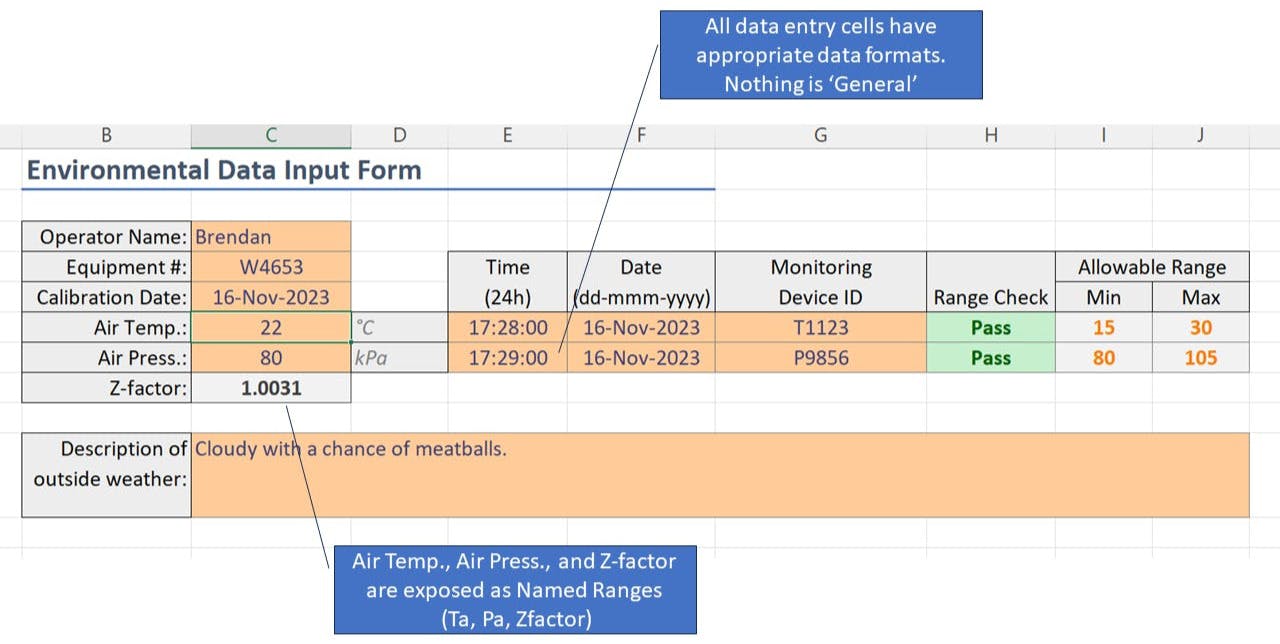 Working with this interface is simple: For data entry you just tab to the next cell, formats are automatic. To use the data in formulas you just reference the three named ranges.